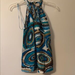 Michael Kors 100% silk halter top Blue Brown tan white M.EUC! Beautiful